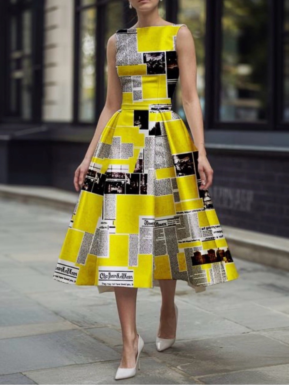 .Yellow Black White Newspaper Print Dress